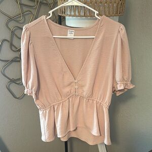 Melrose and Market Pink Puff Sleeve Peplum Blouse